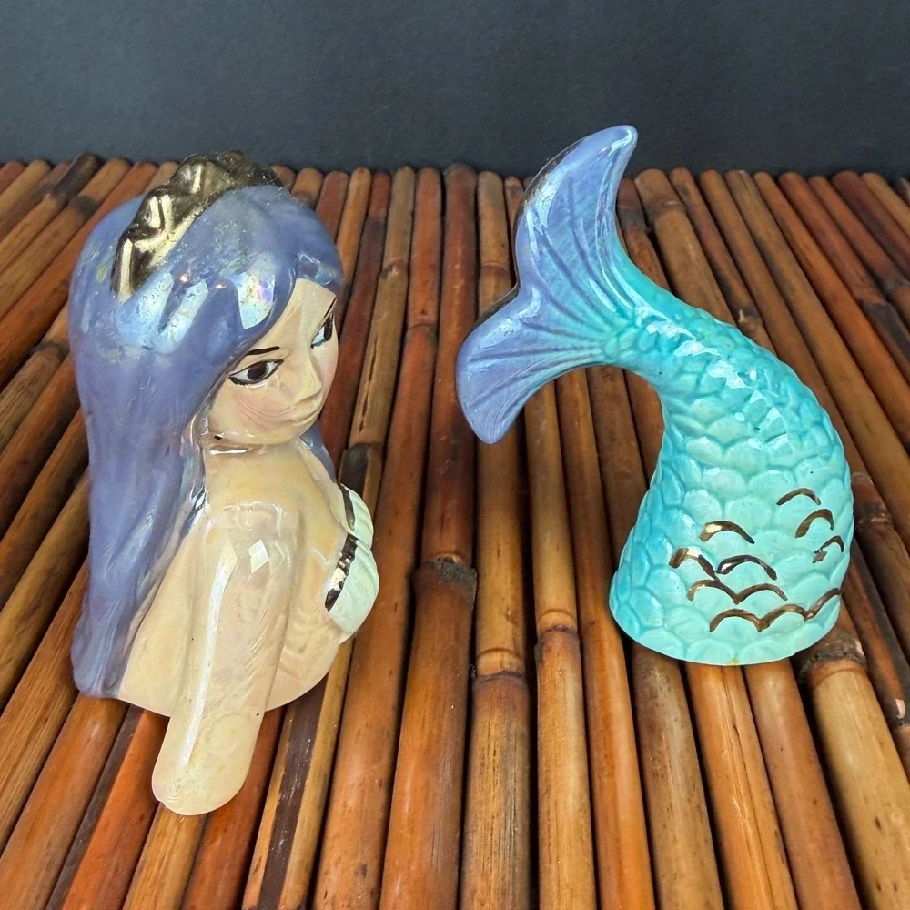 Rare‎ Lusterware Mermaid Salt and Pepper Shaker Set Tiki Bar Kitsch Beach #2006
